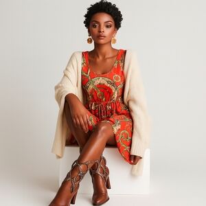 Baroque Chain Print Orange Sleeveless Midi Dress